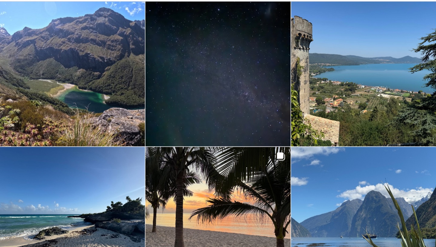 The @kardiacs.llc Instagram grid: a hanging valley lake, the Milky Way, a lake seen from a stone tower, an empty beach, palms at sunset, and a fjord under snow-capped peaks