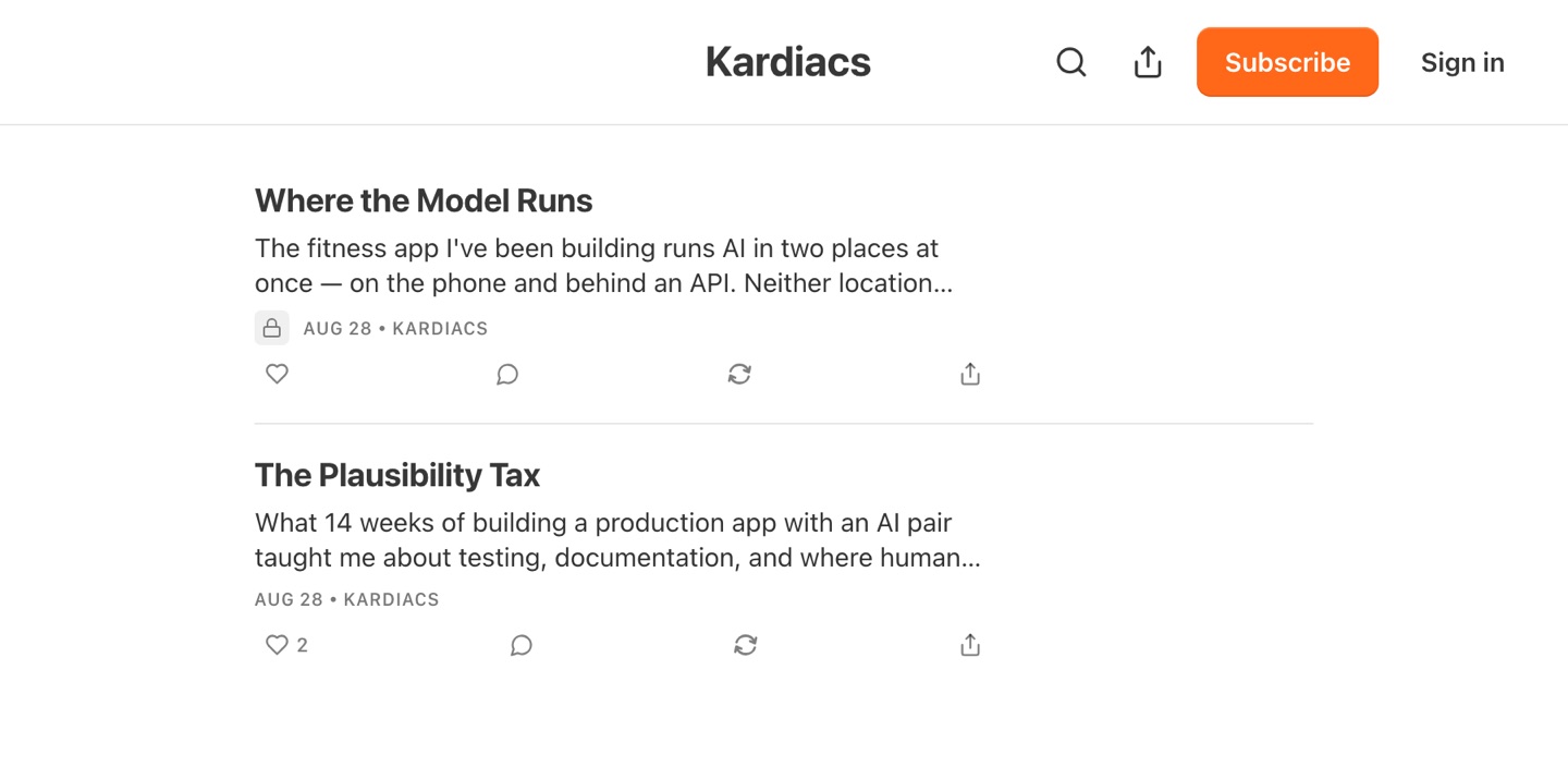 The Kardiacs Substack archive, listing the posts &ldquo;Where the Model Runs&rdquo; and &ldquo;The Plausibility Tax&rdquo;