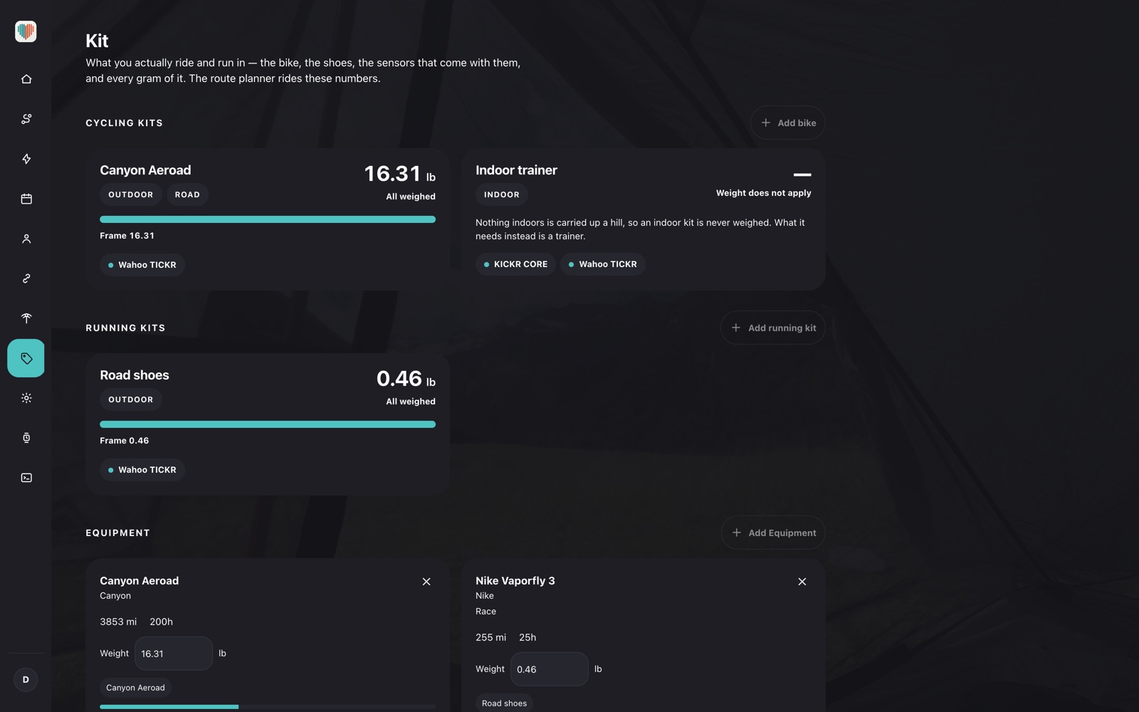 Kit in the Kardiacs web planner: a road bike, an indoor trainer and running shoes, each with its weight and paired sensors