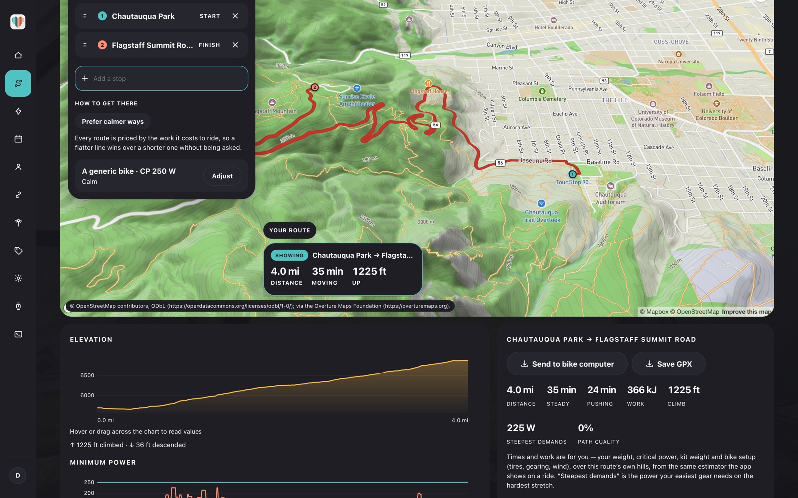 The Kardiacs web route planner: a climb from Chautauqua Park up Flagstaff Road drawn over the terrain map, 4.0 miles and 1,225 feet up, with its elevation profile, work and time below