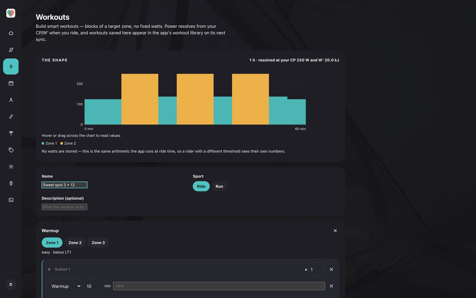 The Kardiacs workout builder: a smart workout's shape drawn in zones and resolved to a critical power of 250 W, above the name, sport and first block