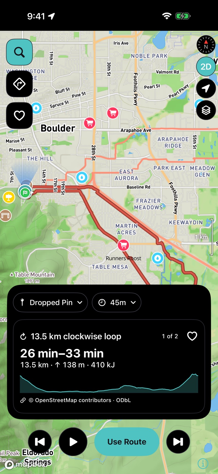 Loop options in Kardiacs, each with its distance, time, climb and effort laid out