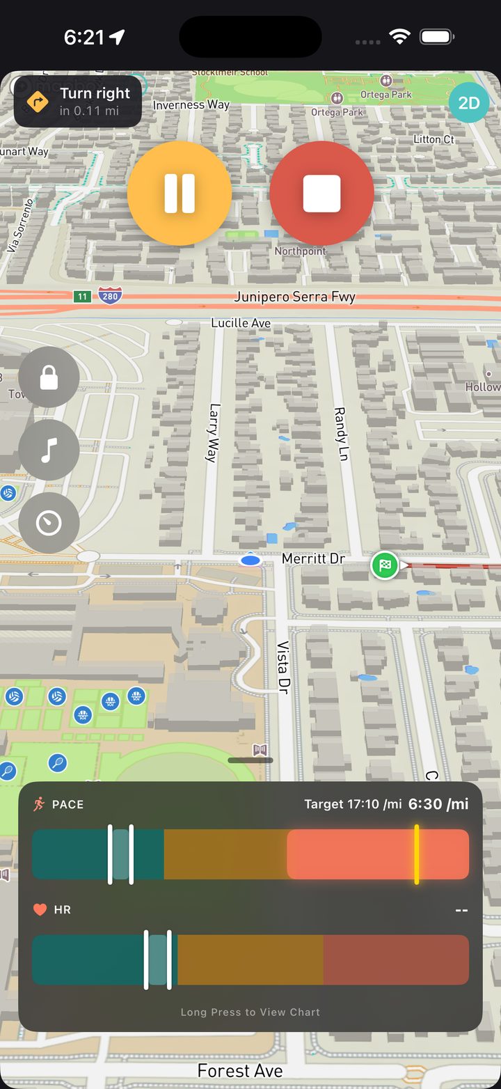 Turn-by-turn commute navigation in Kardiacs, with a target pace zone bar