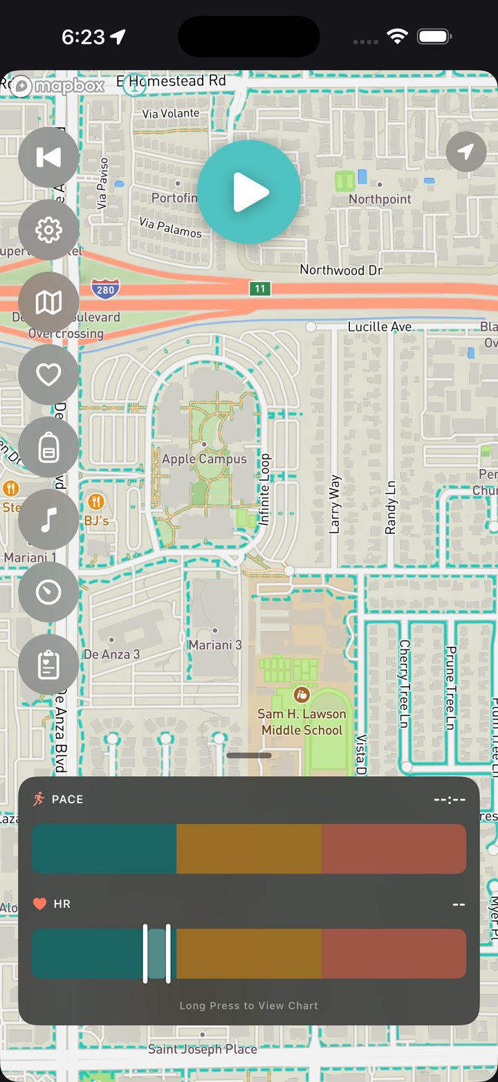 Kardiacs showing a found loop drawn over the map, with live pace and heart-rate zone bars below