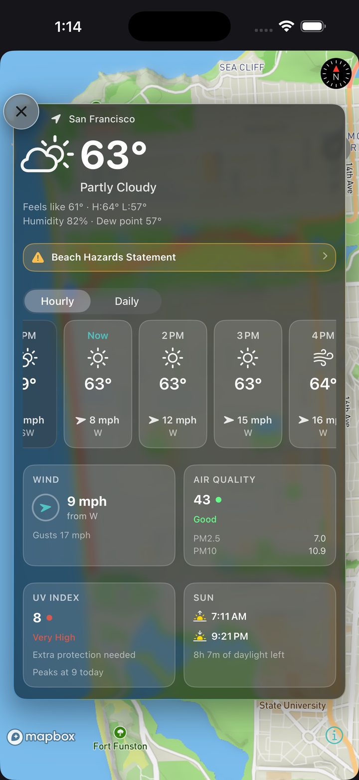 In-app weather in Kardiacs: hourly forecast, wind, air quality, UV index and daylight hours