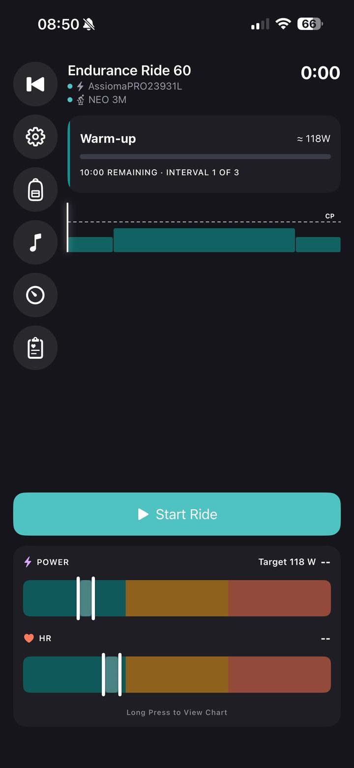 An indoor ride ready to start, with the trainer and power meter connected and target power shown