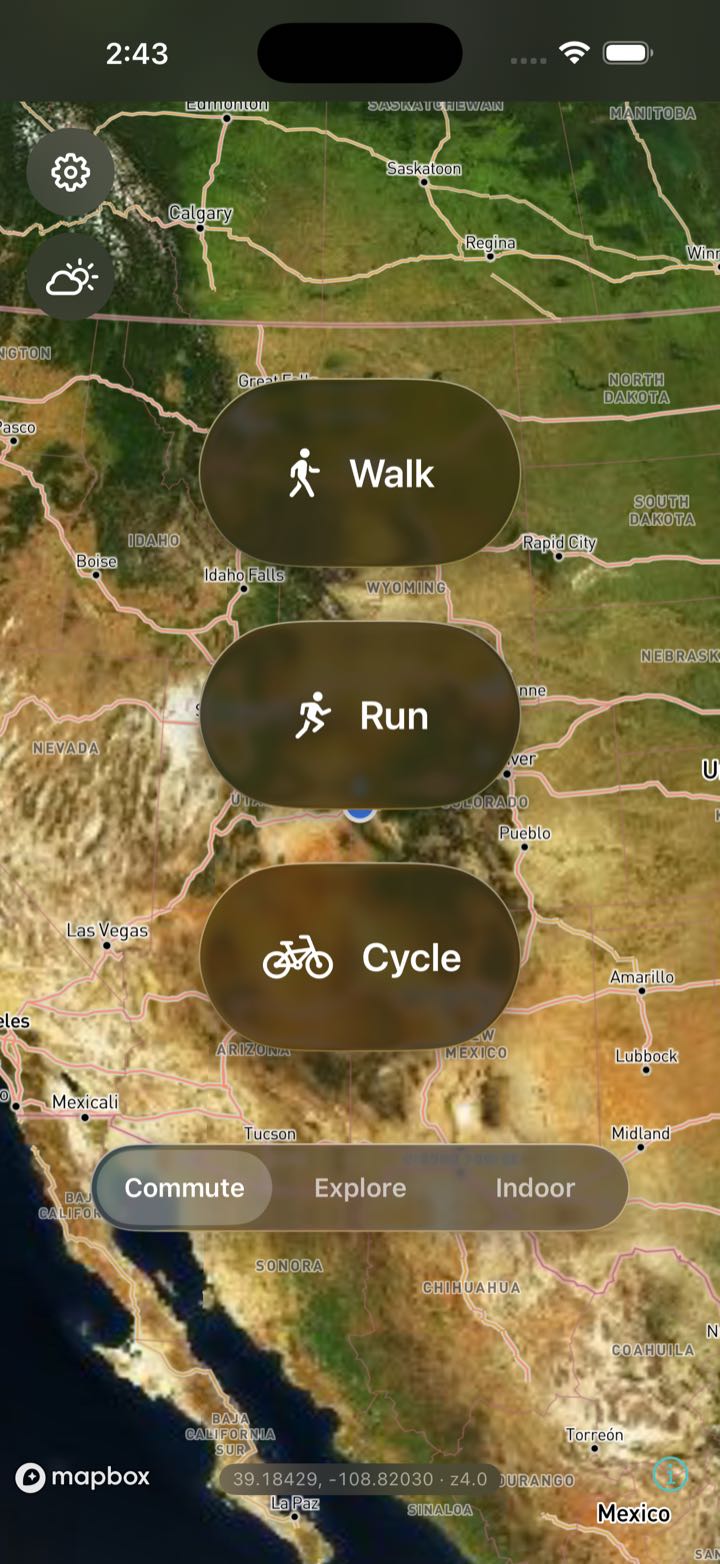 The Kardiacs home screen over a satellite map: Walk, Run and Cycle, with Commute, Explore and Indoor below