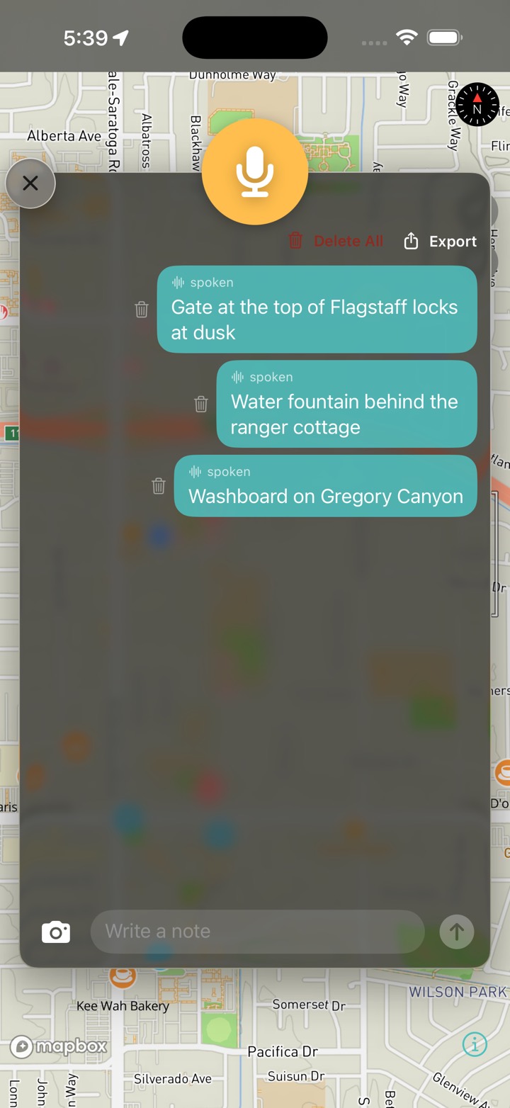 The Kardiacs notepad mid-ride, holding three spoken notes about a gate, a water fountain and a rough descent