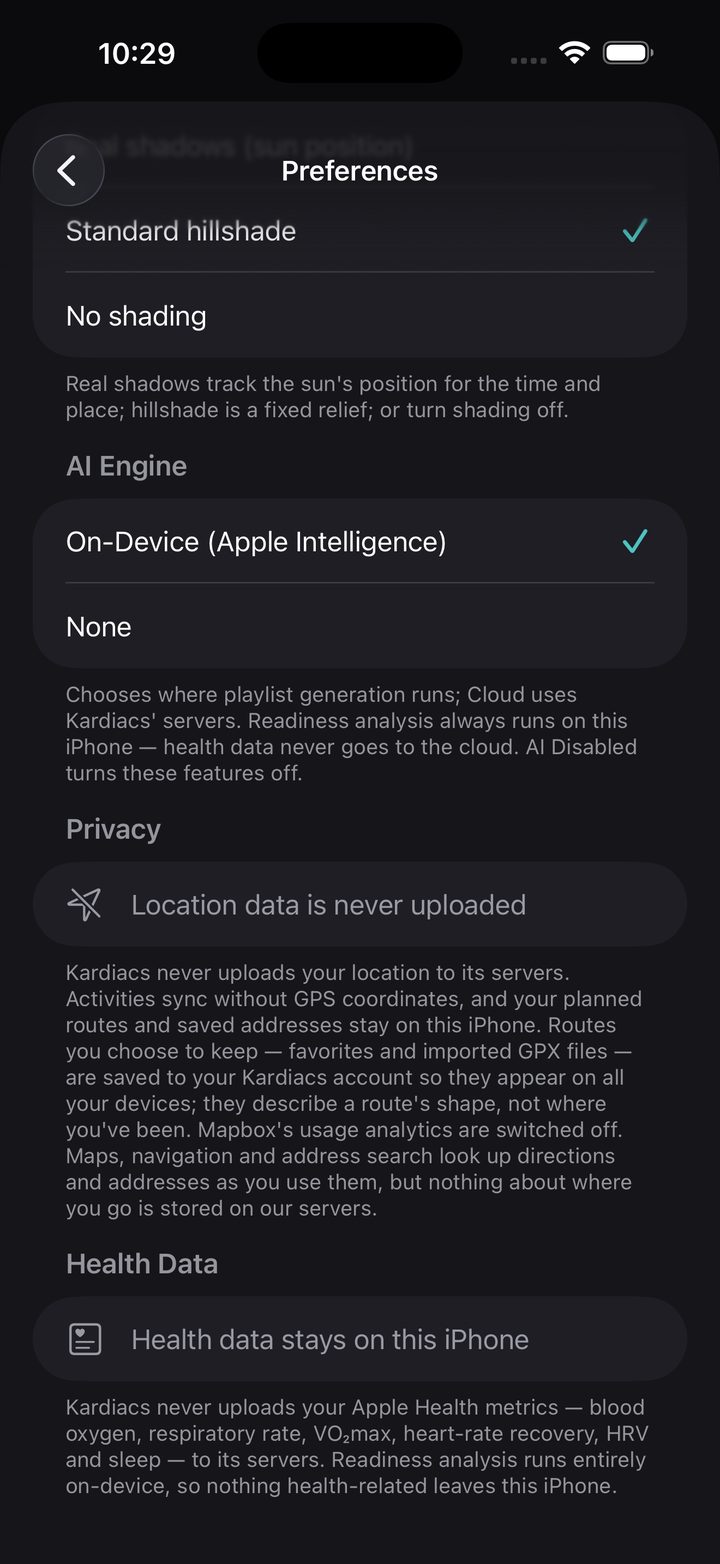 Kardiacs privacy settings: on-device AI, location data never uploaded, health data stays on the iPhone