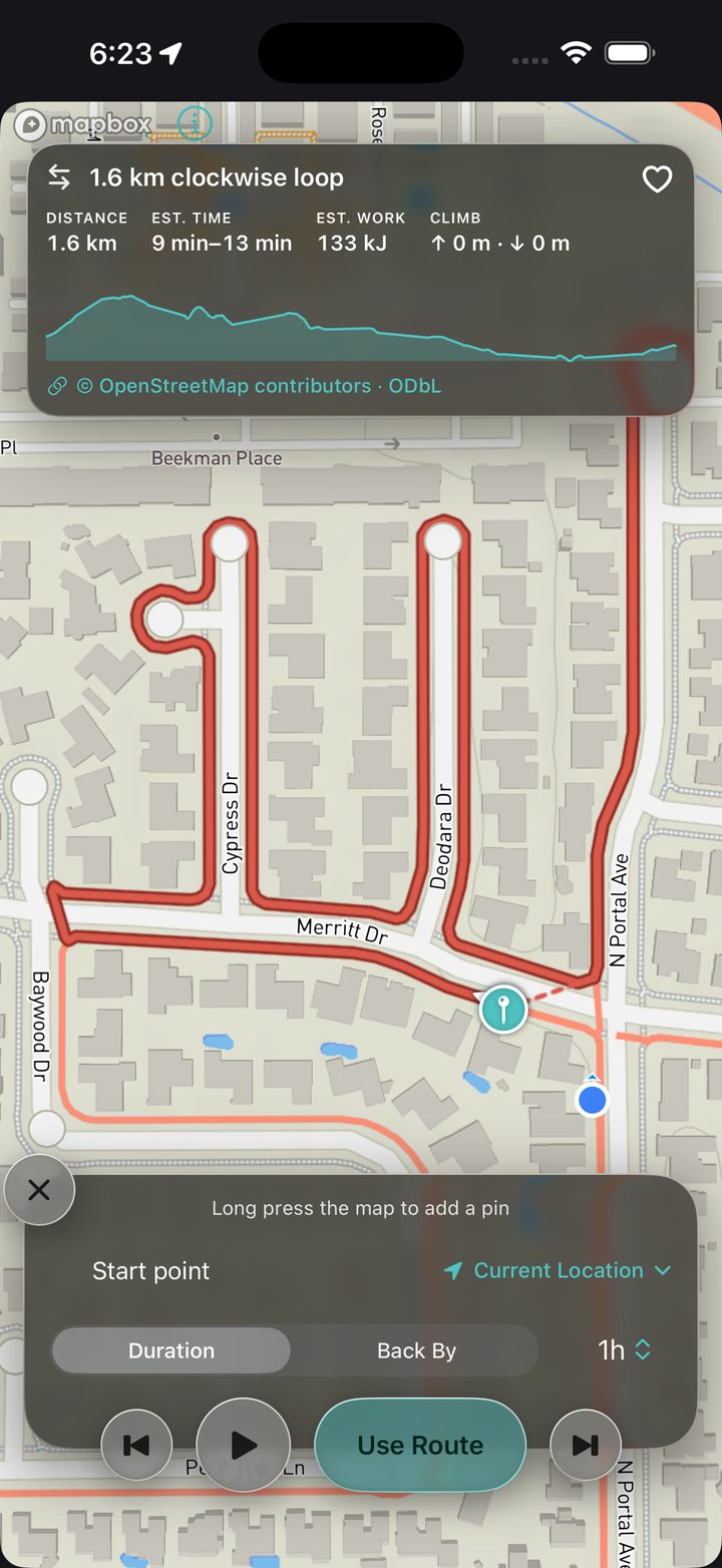 Planning a loop home mid-ride: start point, a back-by time, and the loop's distance, time, work and climb
