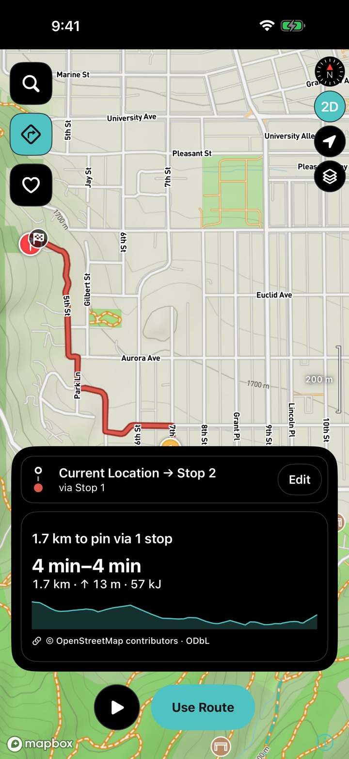 Directions in Kardiacs: a route to a dropped pin drawn on the map, with its distance, time and climb