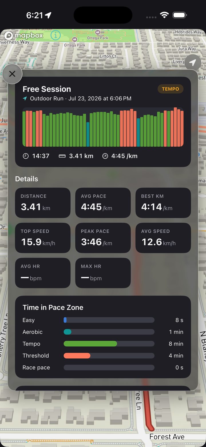 A run summary in Kardiacs: pace chart, distance, average and best splits, and time in each pace zone
