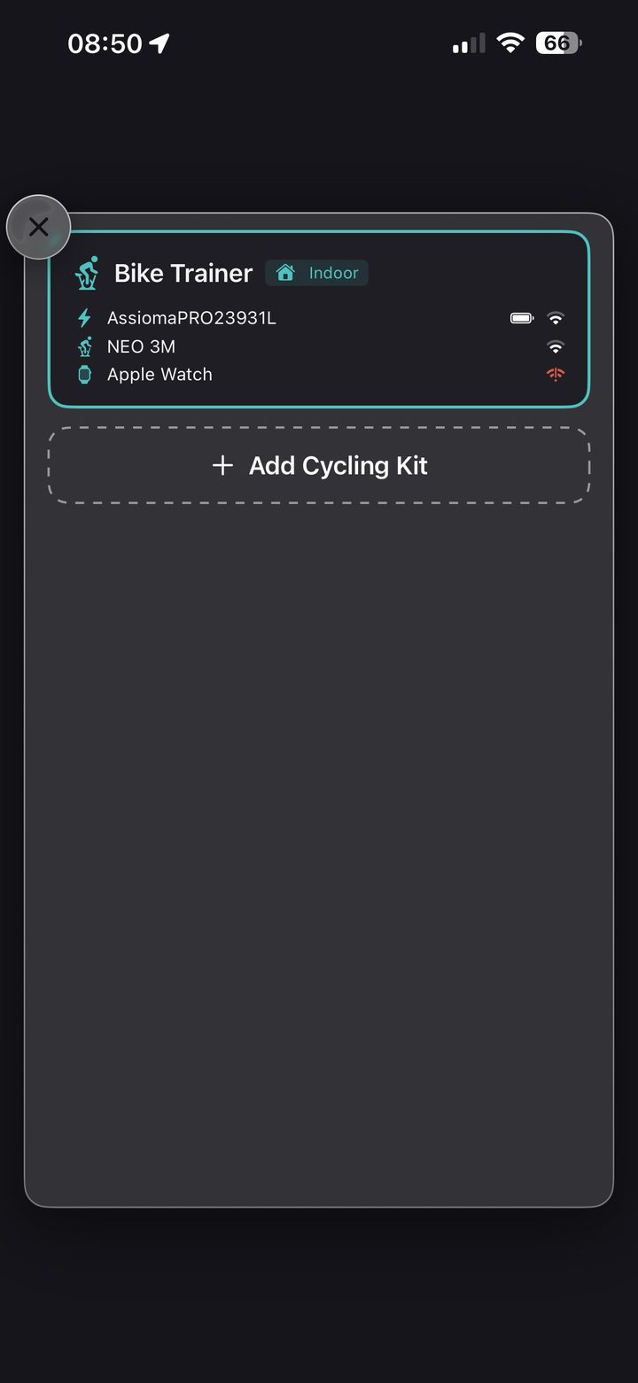 A cycling kit in Kardiacs with a smart trainer, power meter and Apple Watch paired