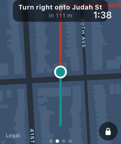 Turn-by-turn guidance on Apple Watch: "Turn right onto Judah St in 111 m" over the route drawn on the map