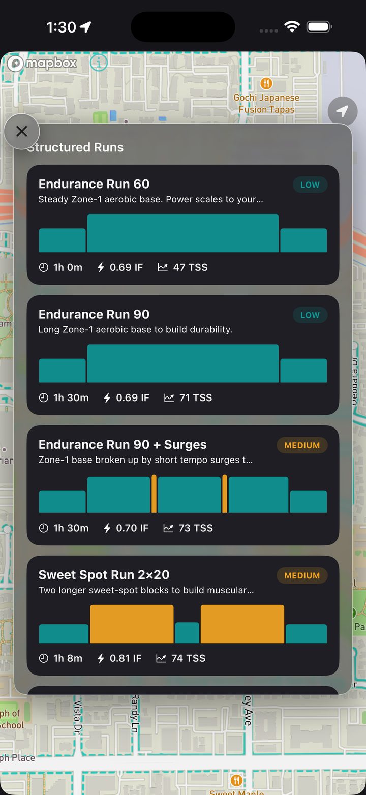 Structured running workouts recommended by Kardiacs, each with its interval chart, intensity factor and training-stress score